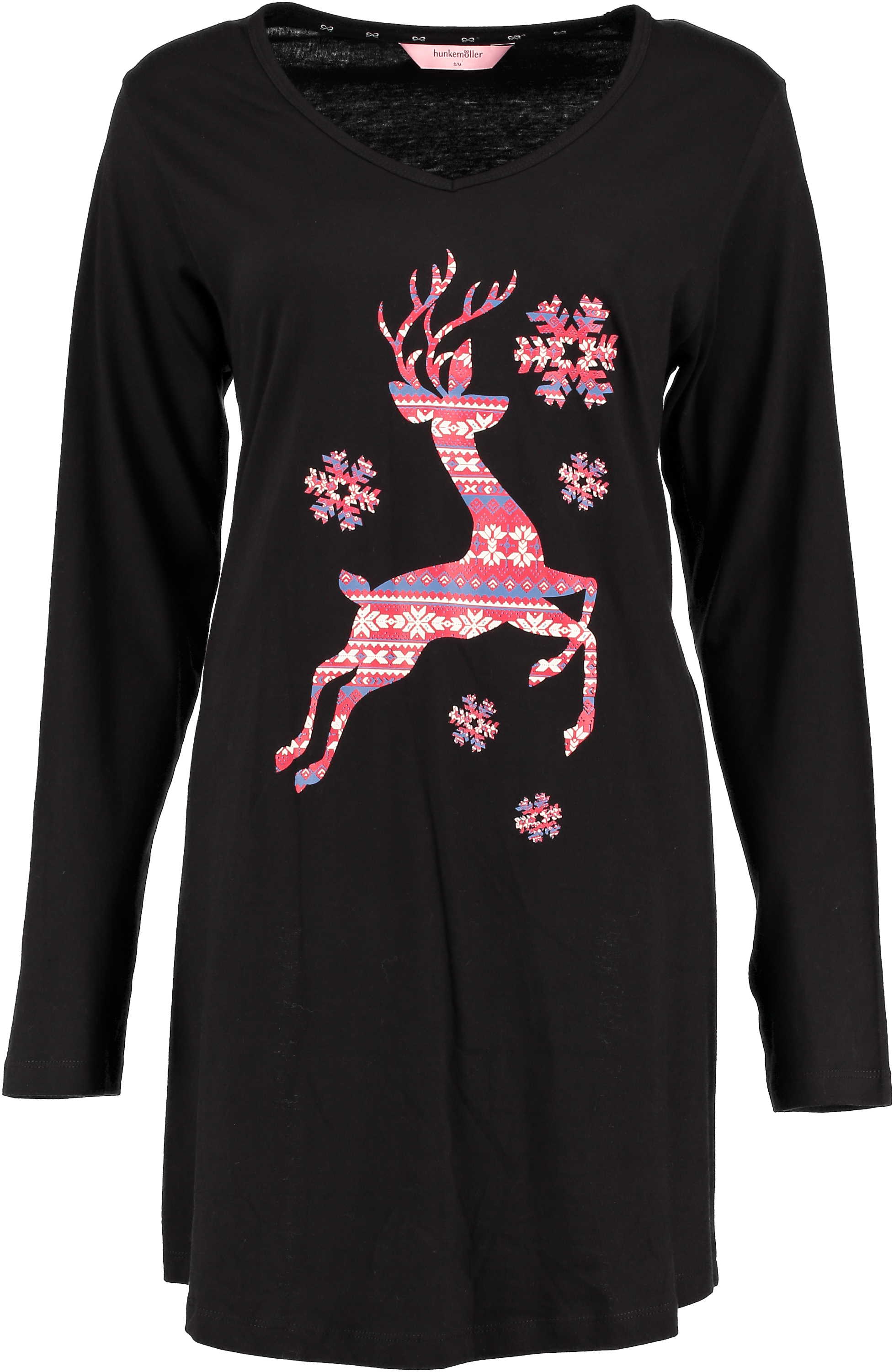 Camisón de manga larga con cuello en forma de V, Negro, main