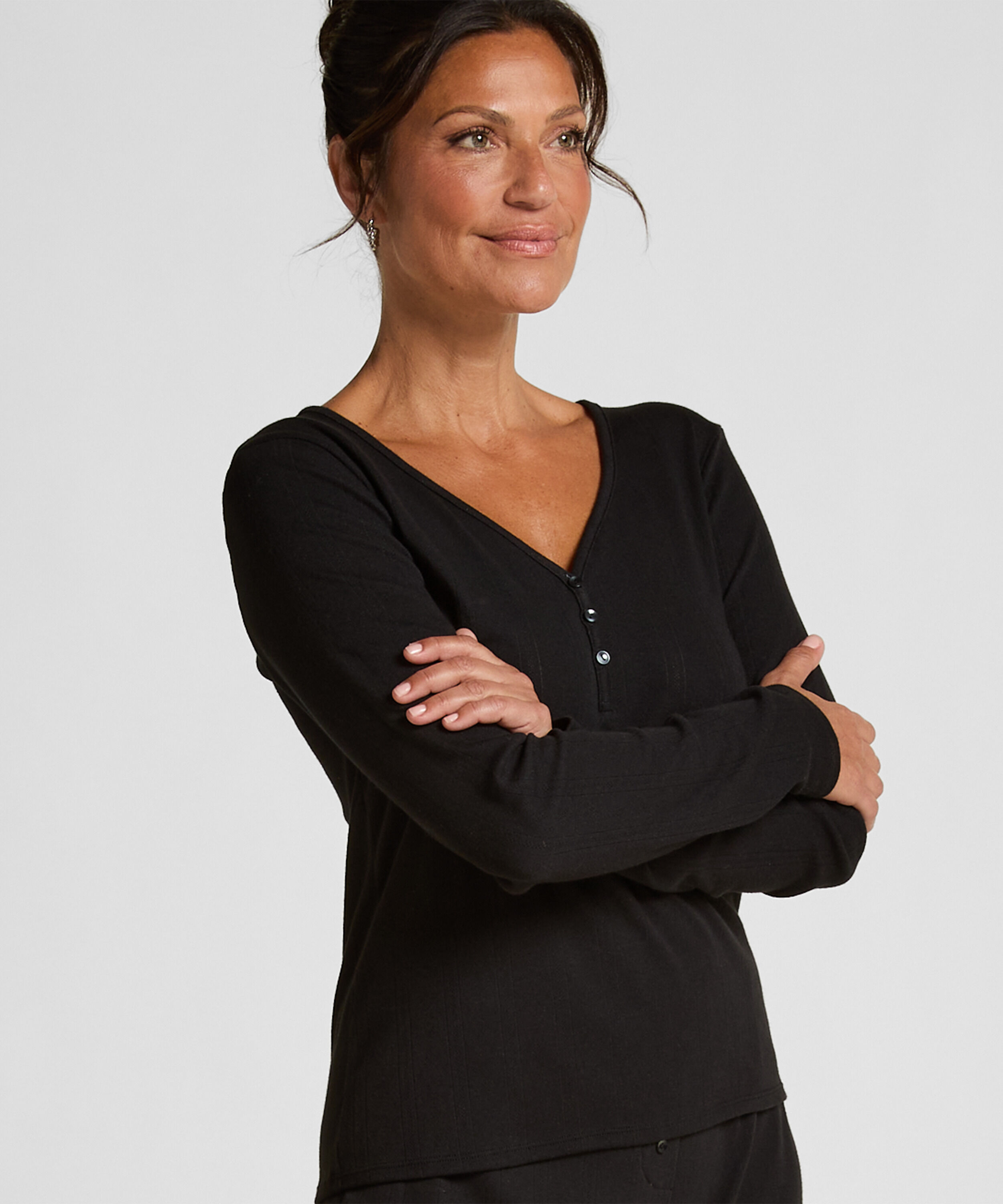 Top de pijama de manga larga Henley, Negro Top de pijama de manga larga Henley, Negro