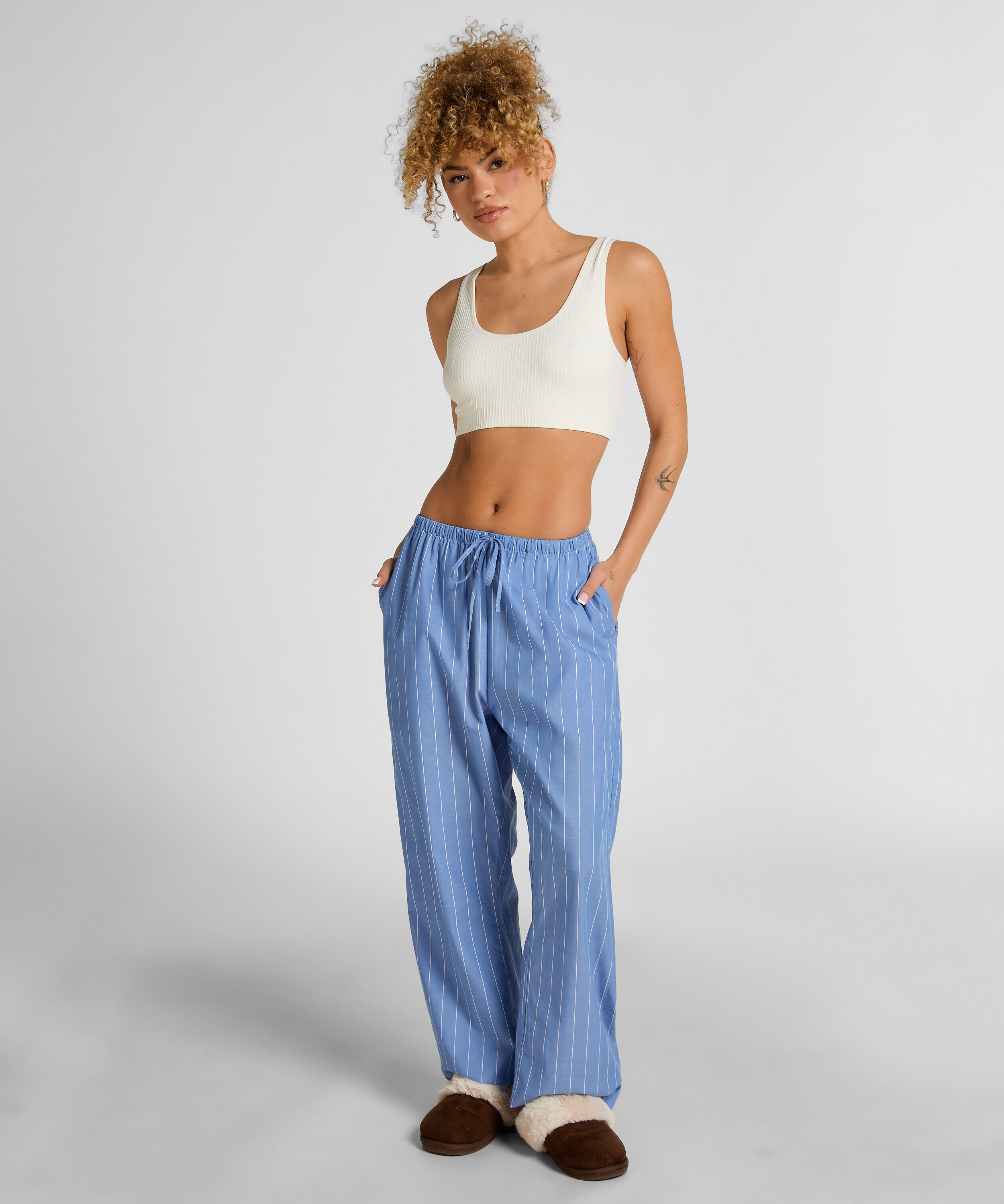 Pantalón de pijama de algodón tejido a rayas, Azul
