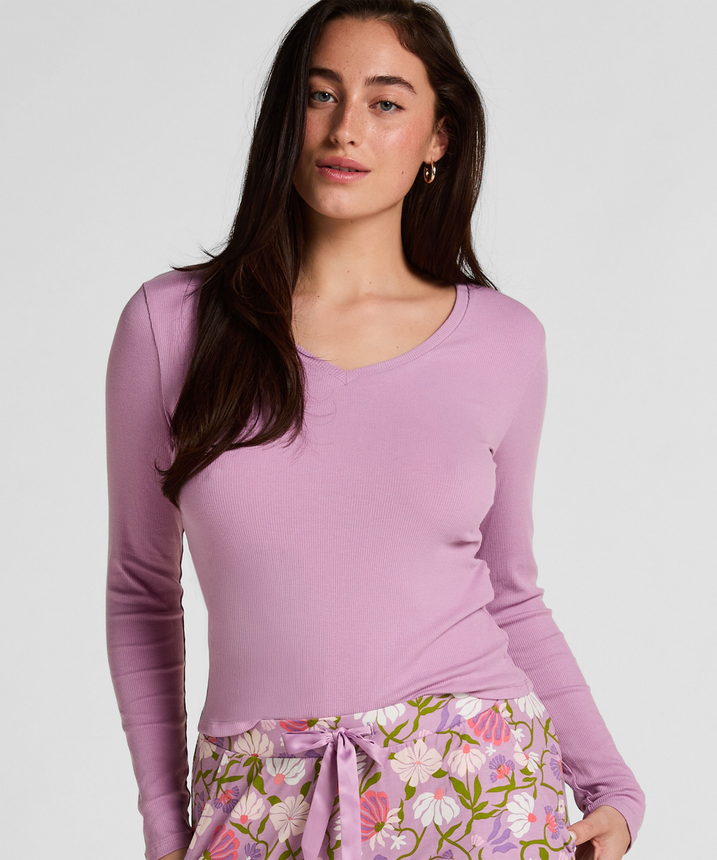 Top de manga larga de canalé, Morado Top de manga larga de canalé, Morado