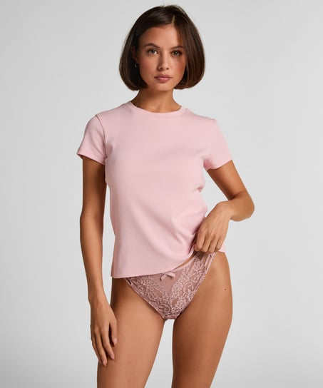 Top de pijama de manga corta rib crew neck, Rosa