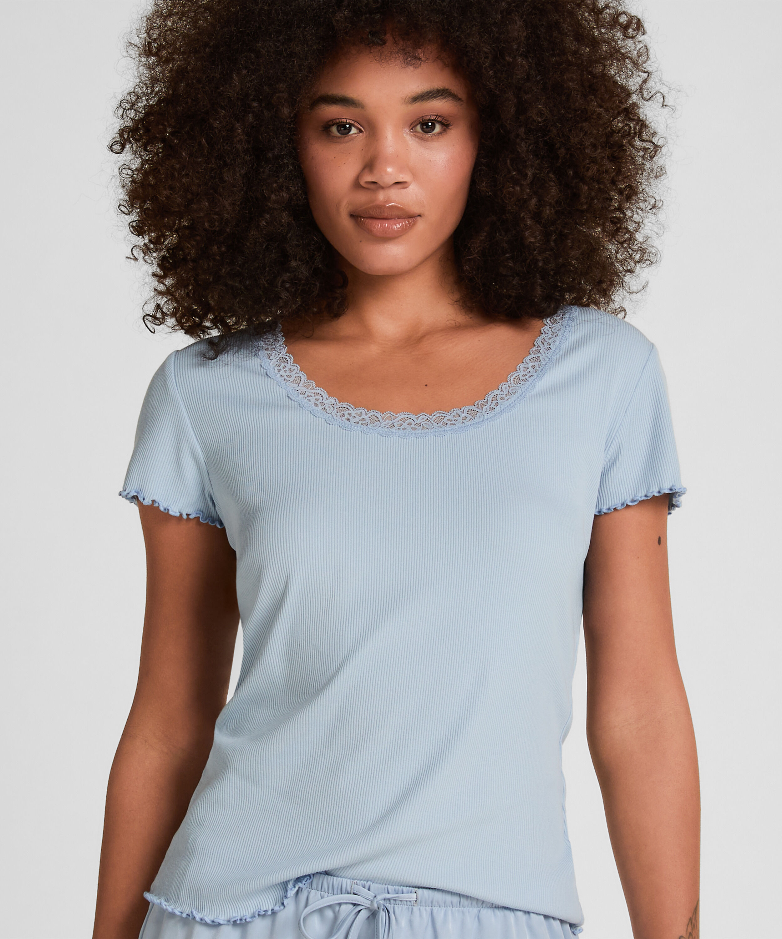 Top de Pijama Jersey Canalé con Encaje, Azul Top de Pijama Jersey Canalé con Encaje, Azul