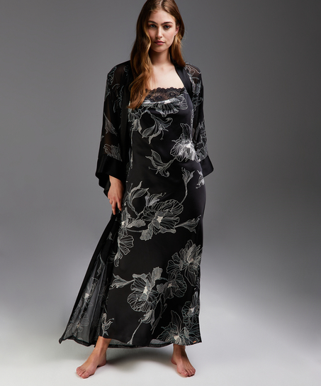 Kimono largo de gasa lotus, Negro