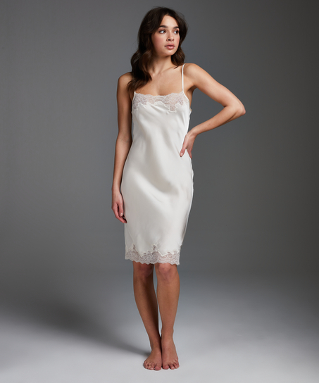 Vestido lencero satinado con encaje, Beige