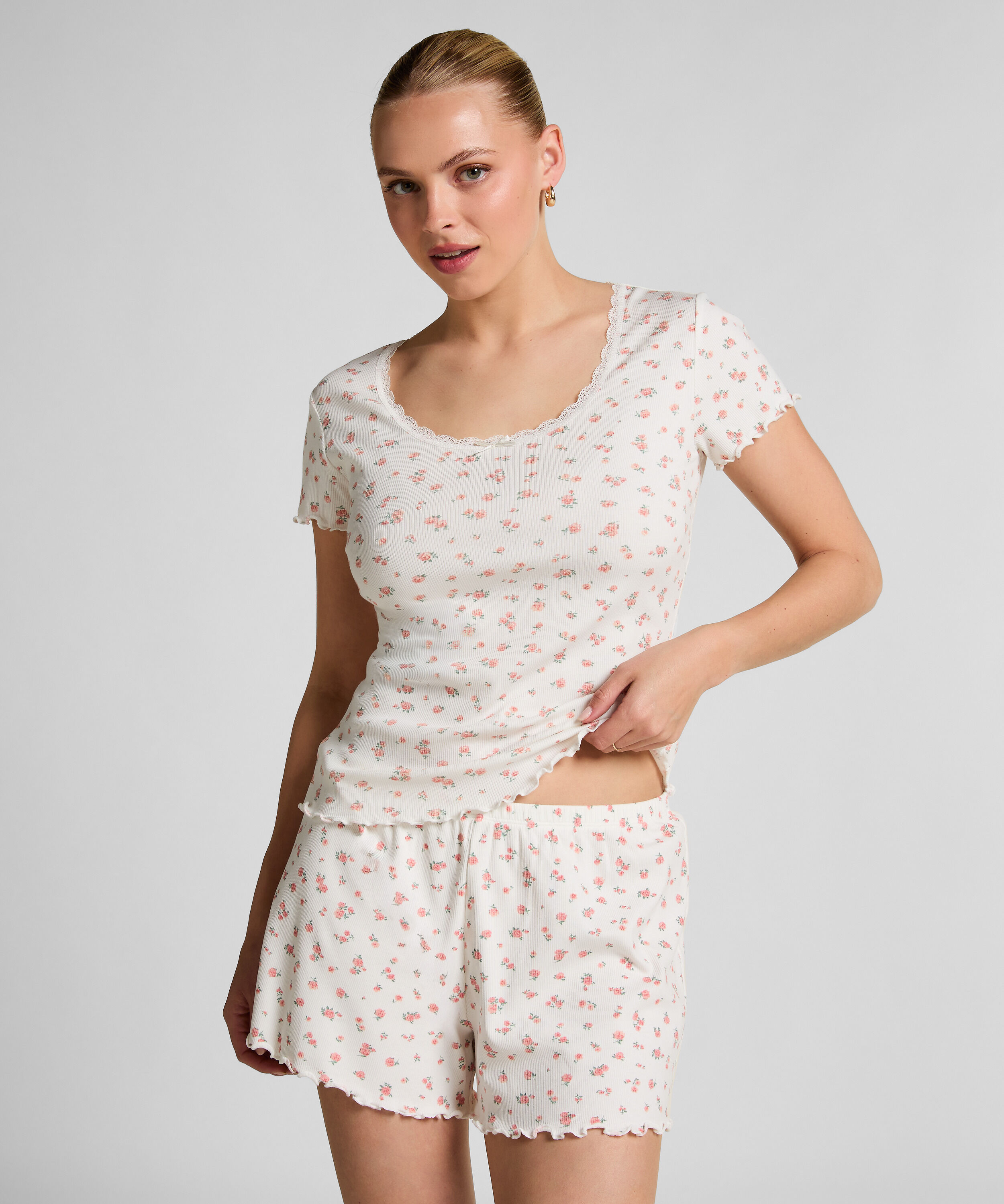 Pantal&oacute;n corto de pijama acanalado, Blanco