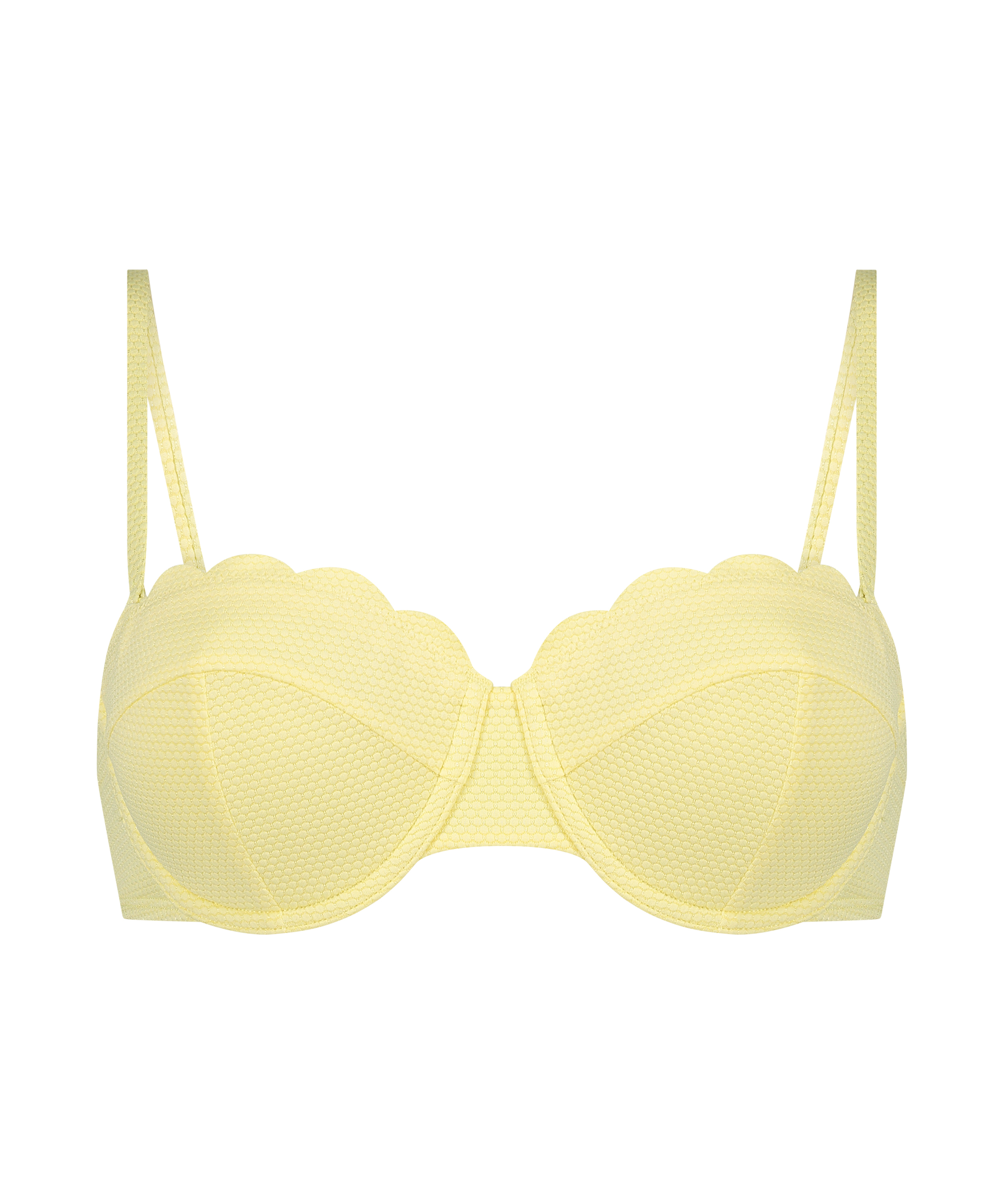 Top de bikini con aros, sin tiras y acolchado Scallop Copa E +, Amarillo, main