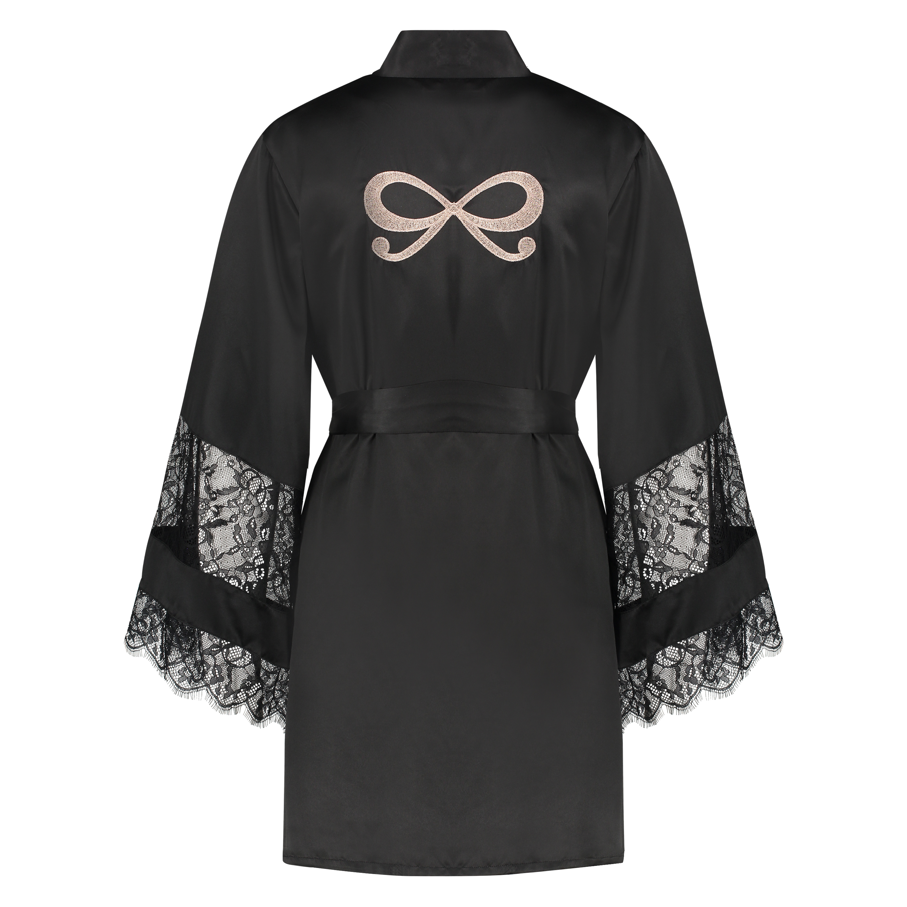 Kimono de satén y encaje, Negro, main