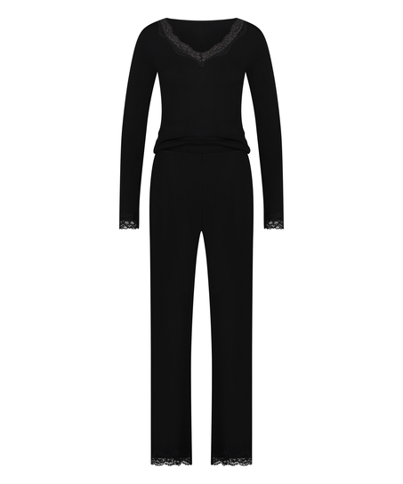 Conjunto de pijama de encaje de manga larga, Negro