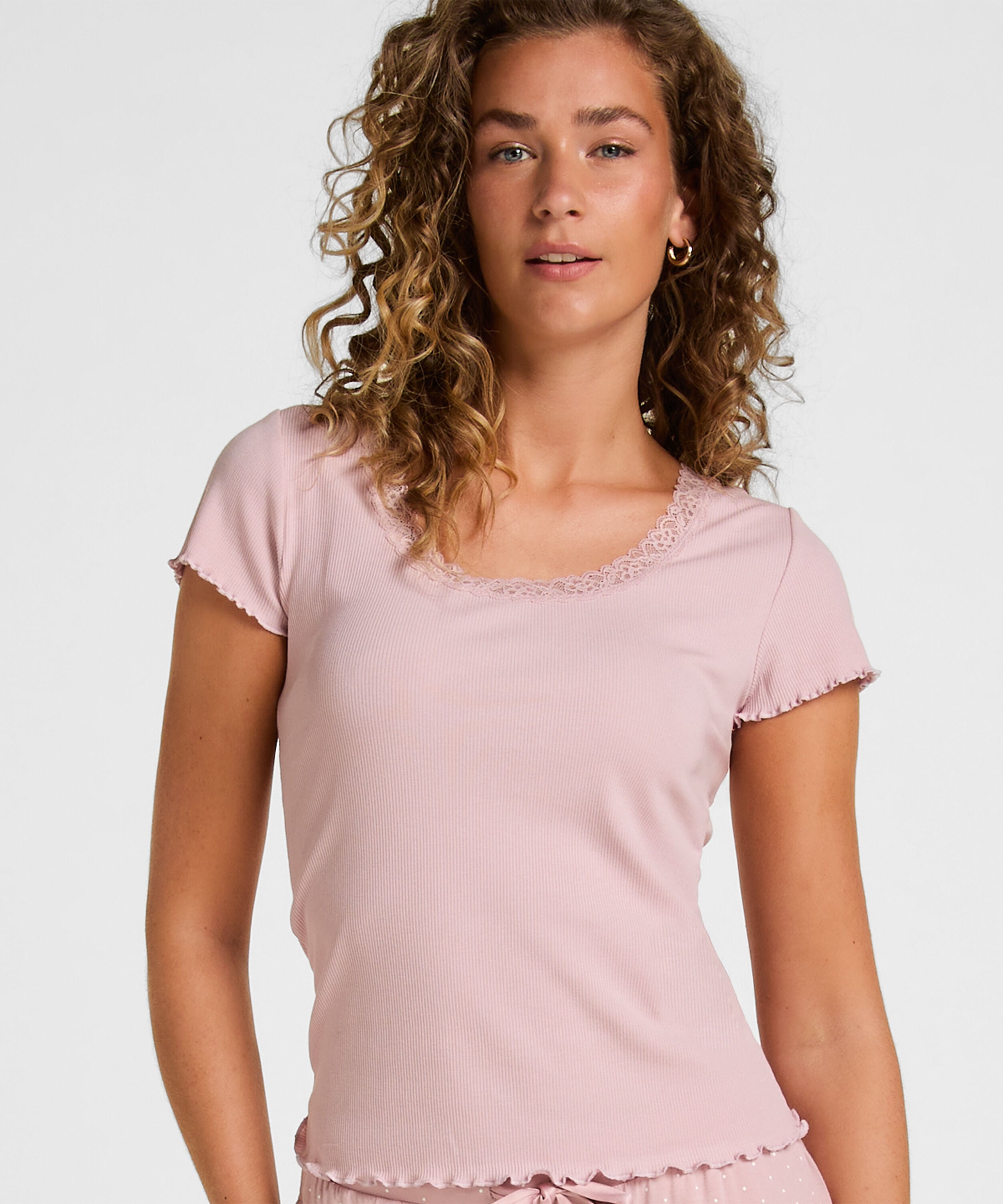 Top de Pijama Jersey Canalé con Encaje, Rosa Top de Pijama Jersey Canalé con Encaje, Rosa
