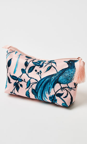 Bolsa de maquillaje satinada con pajaritos, Rosa