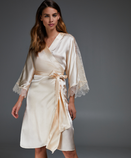 Kimono de satén y encaje, Beige