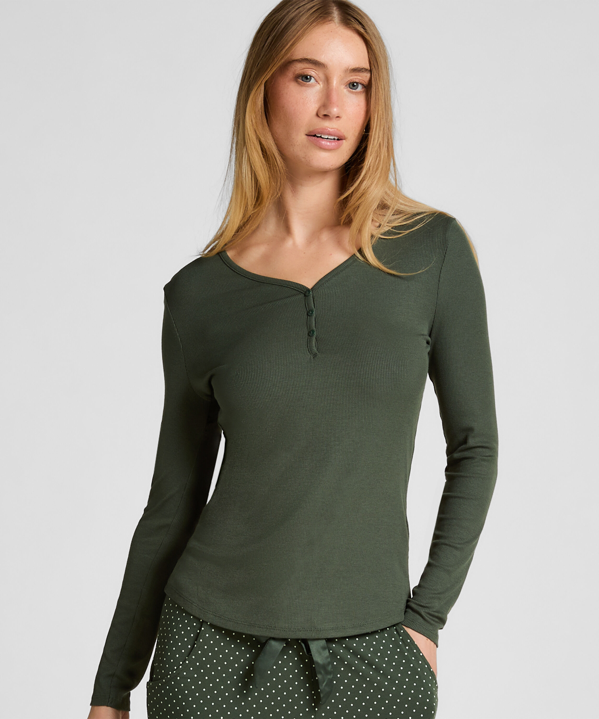 Top de pijama de manga larga Henley, Verde