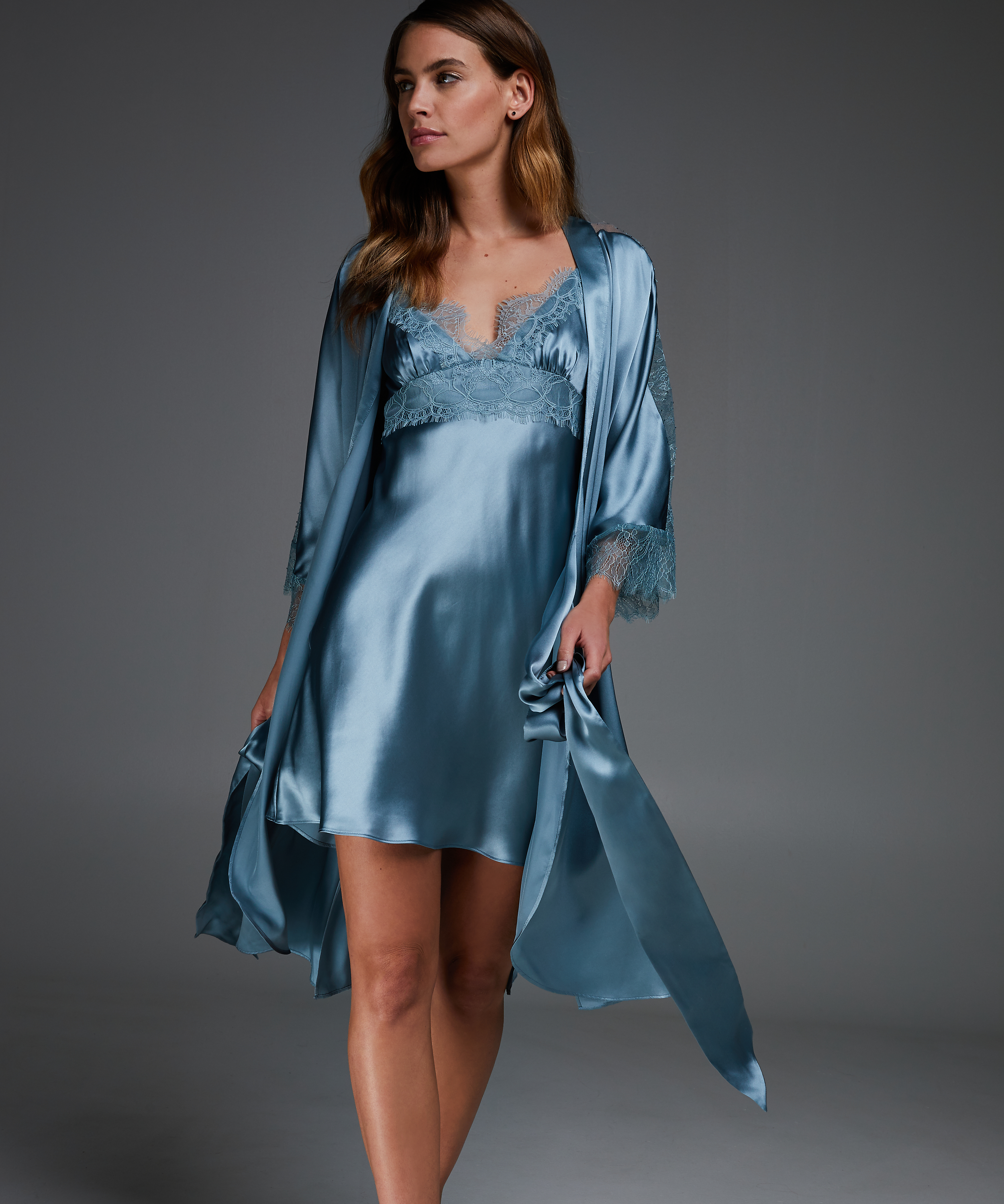 Kimono de satén y encaje, Azul, main