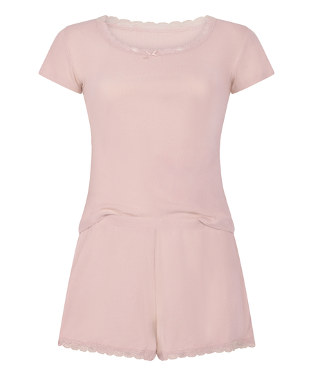 Conjunto de pijama acanalado con encaje, Rosa