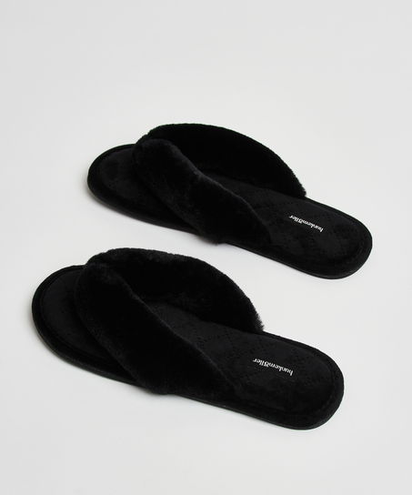 Pantuflas de terciopelo y piel sint&eacute;tica, Negro