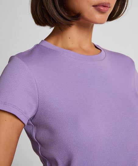 Top de pijama de manga corta rib crew neck, Morado