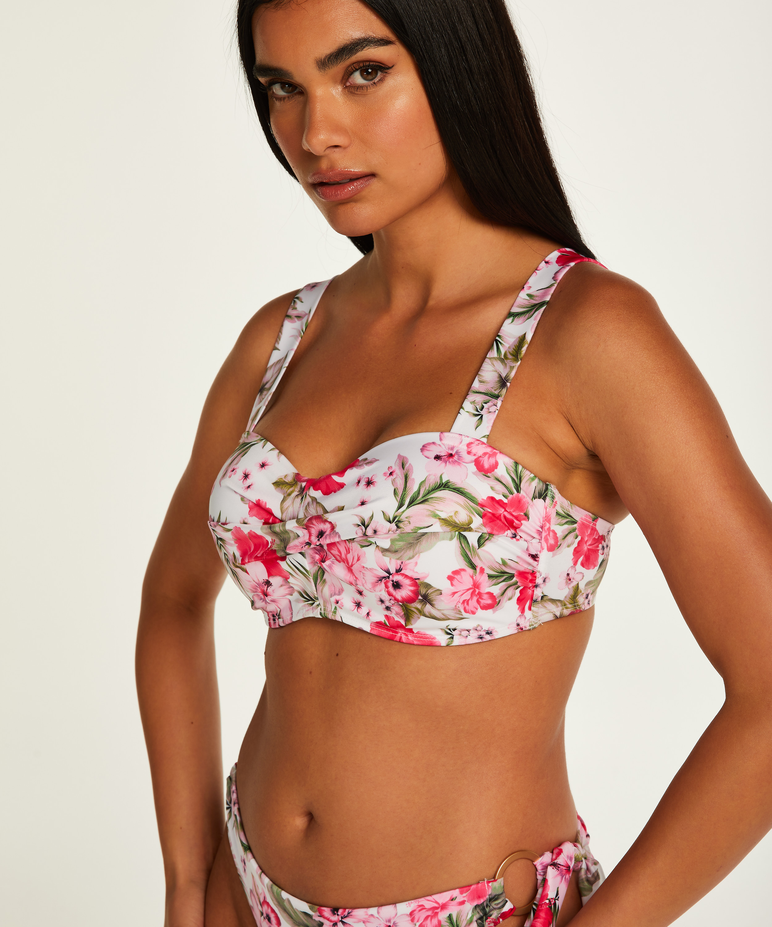 Top de bikini preformado con escote bandeau Tropical, Blanco, main