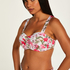 Top de bikini preformado con escote bandeau Tropical, Blanco