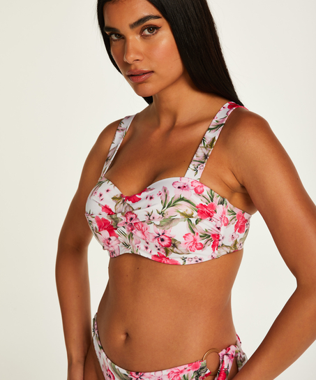 Top de bikini preformado con escote bandeau Tropical, Blanco