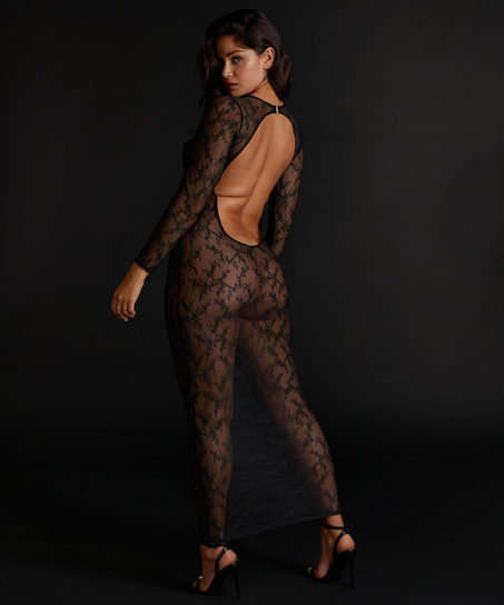 Vestido camisón bodycon de encaje de manga larga, Negro