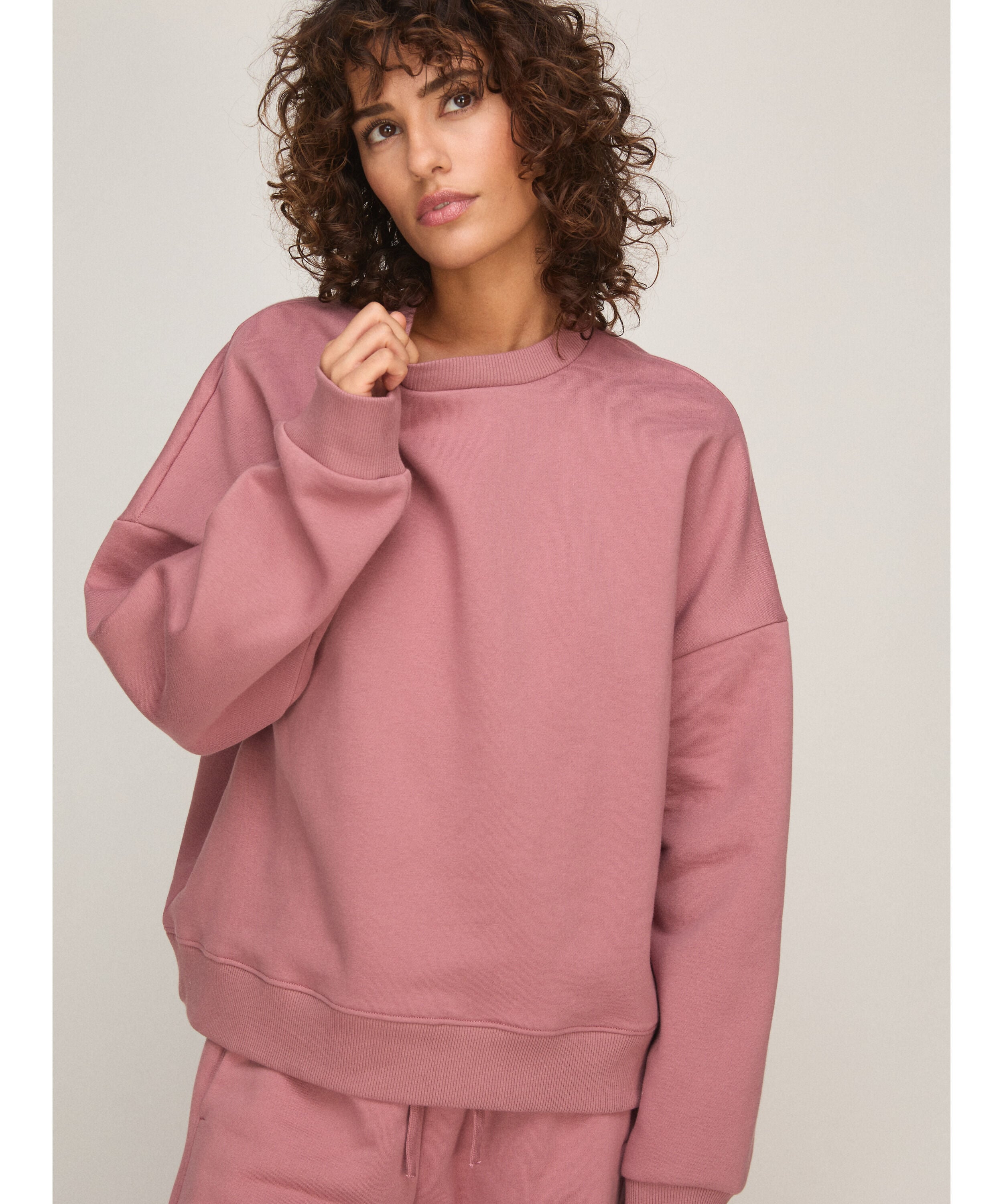 Sudadera de Cuello Redondo de Felpa Afelpada, Rosa Sudadera de Cuello Redondo de Felpa Afelpada, Rosa