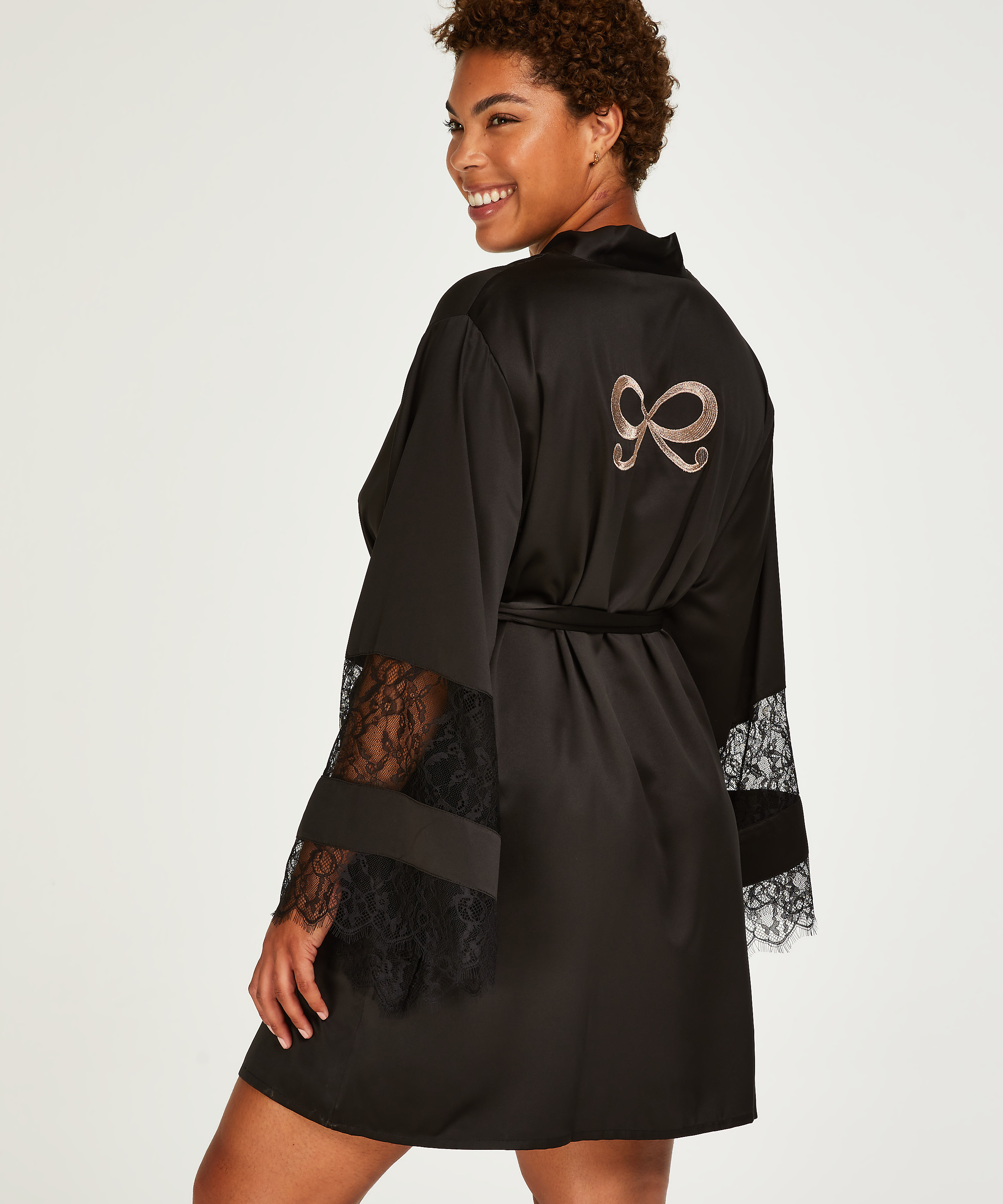 Kimono de satén y encaje, Negro, main