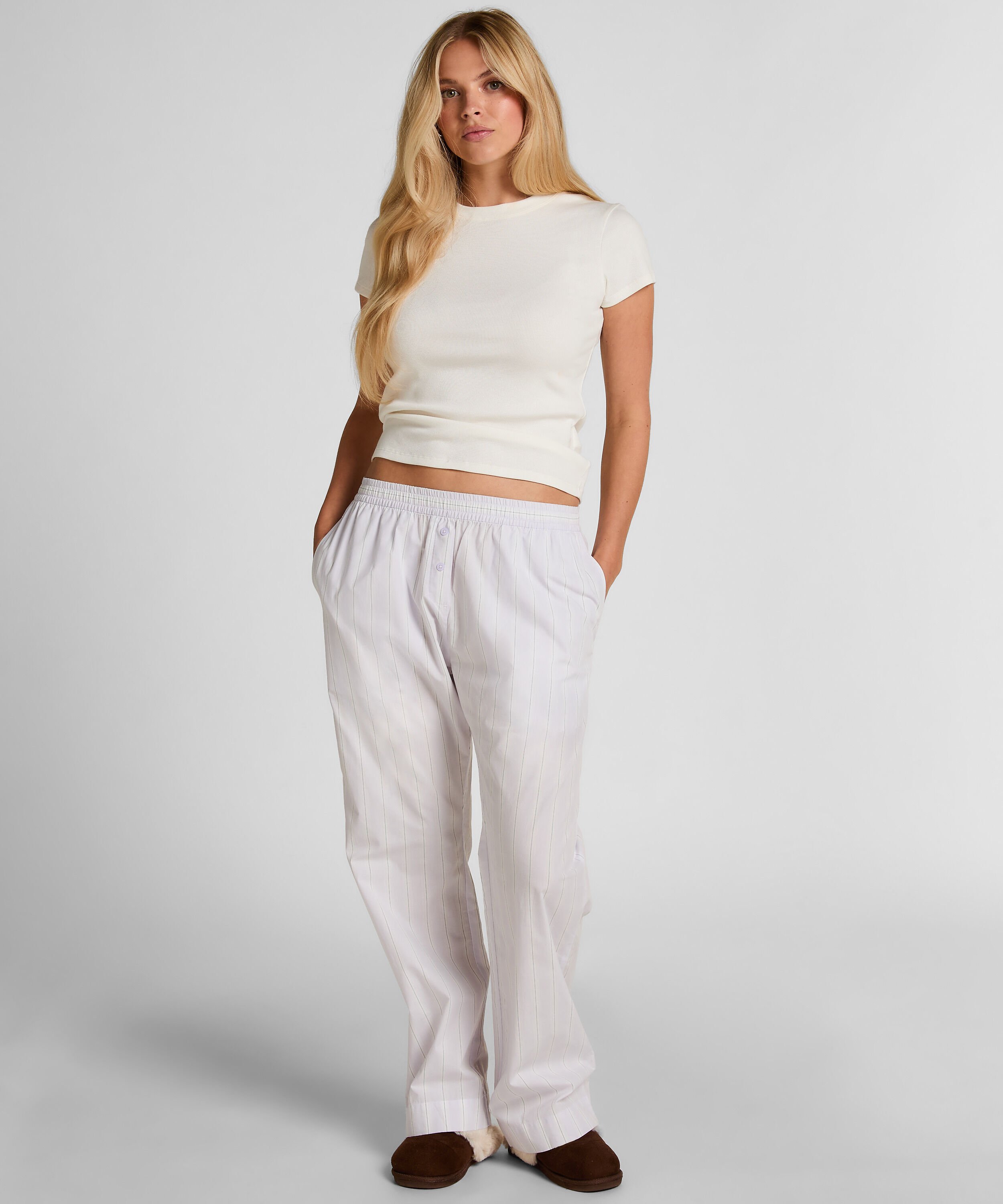Pantalón de pijama de algodón tejido a rayas, Morado