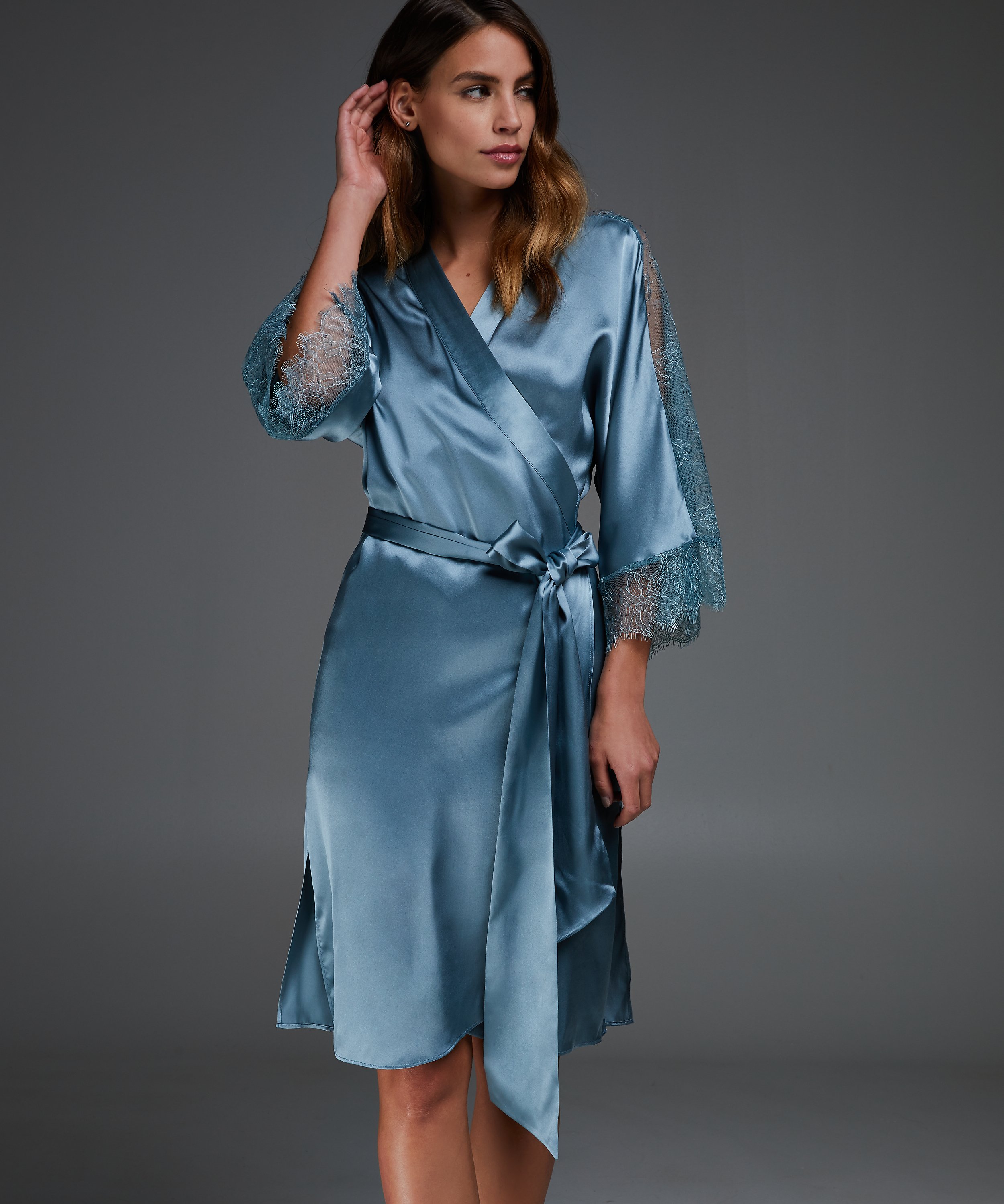 Kimono de satén y encaje, Azul, main