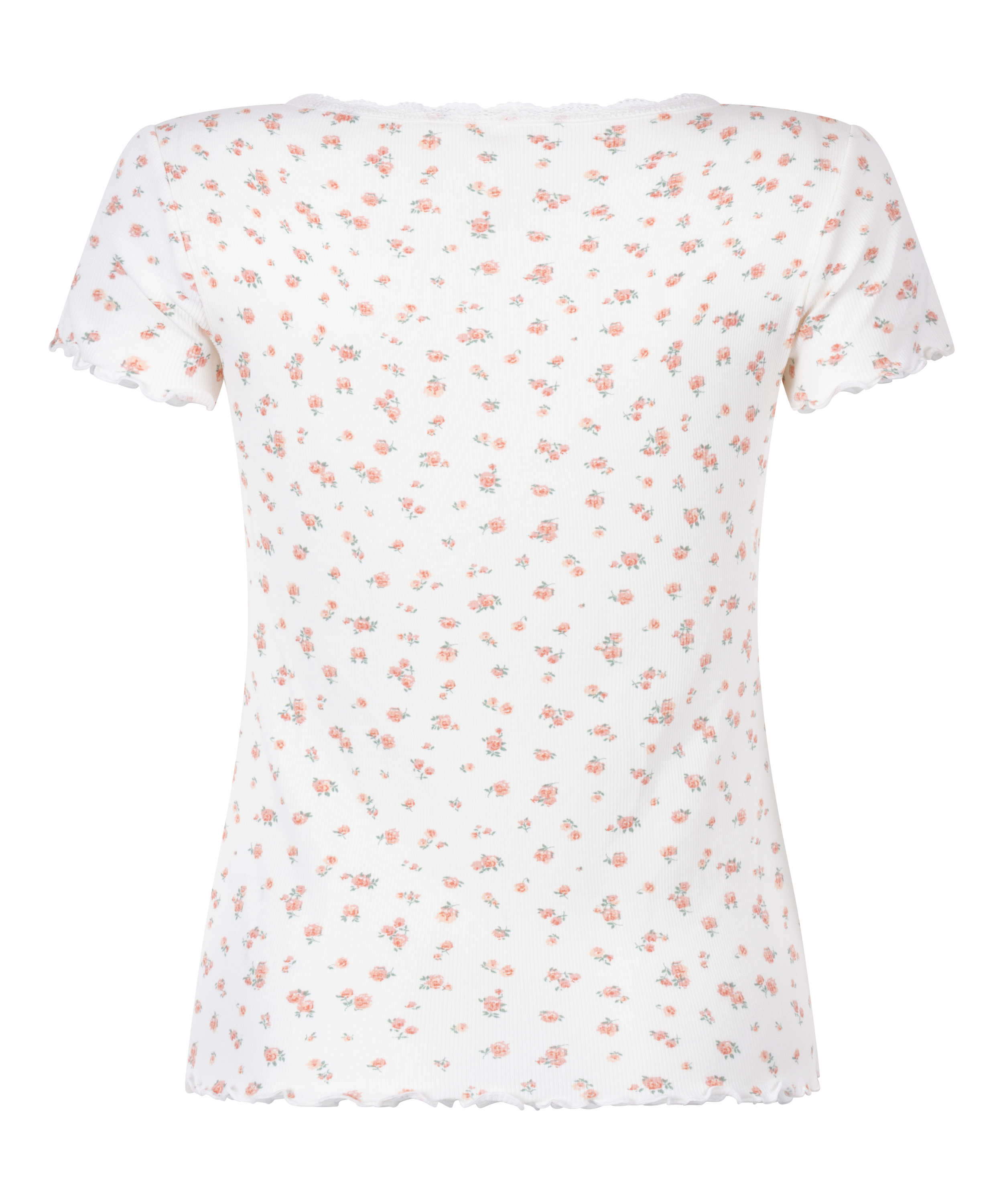 Top de manga corta con encaje acanalado, Blanco, main