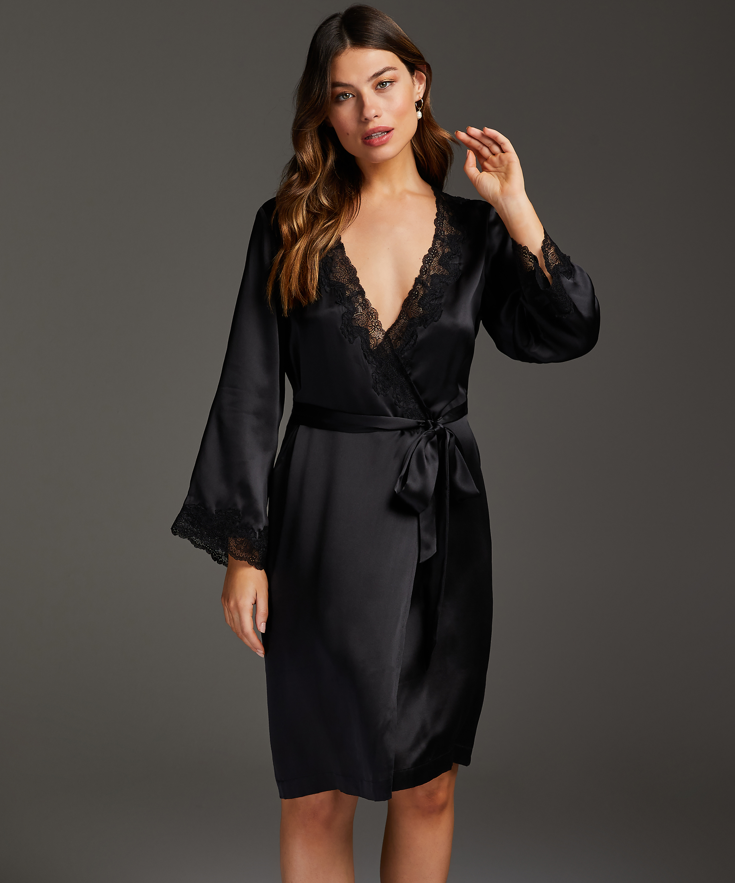 Kimono de seda y encaje trim, Negro, main
