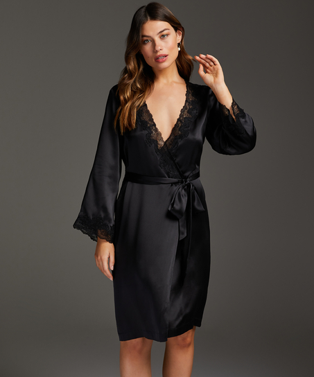 Kimono de seda y encaje trim, Negro