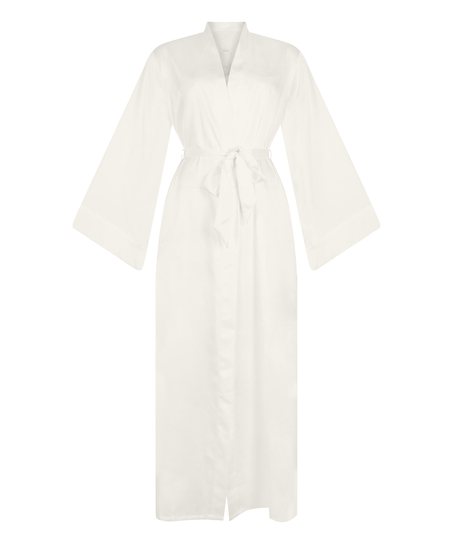 Kimono largo satinado floral, Blanco