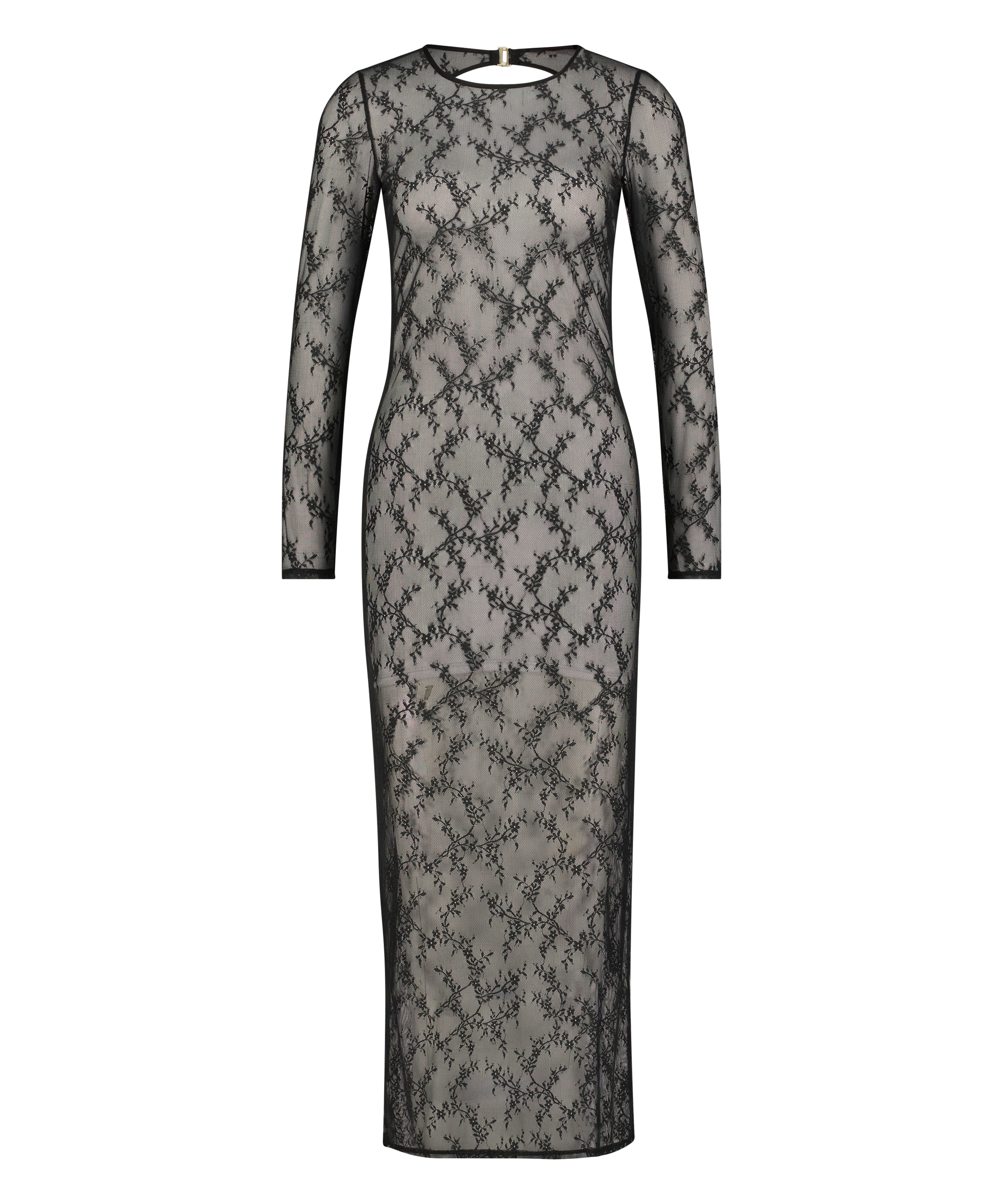 Vestido camisón bodycon de encaje de manga larga, Negro, main