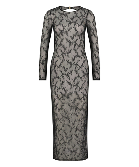 Vestido camisón bodycon de encaje de manga larga, Negro