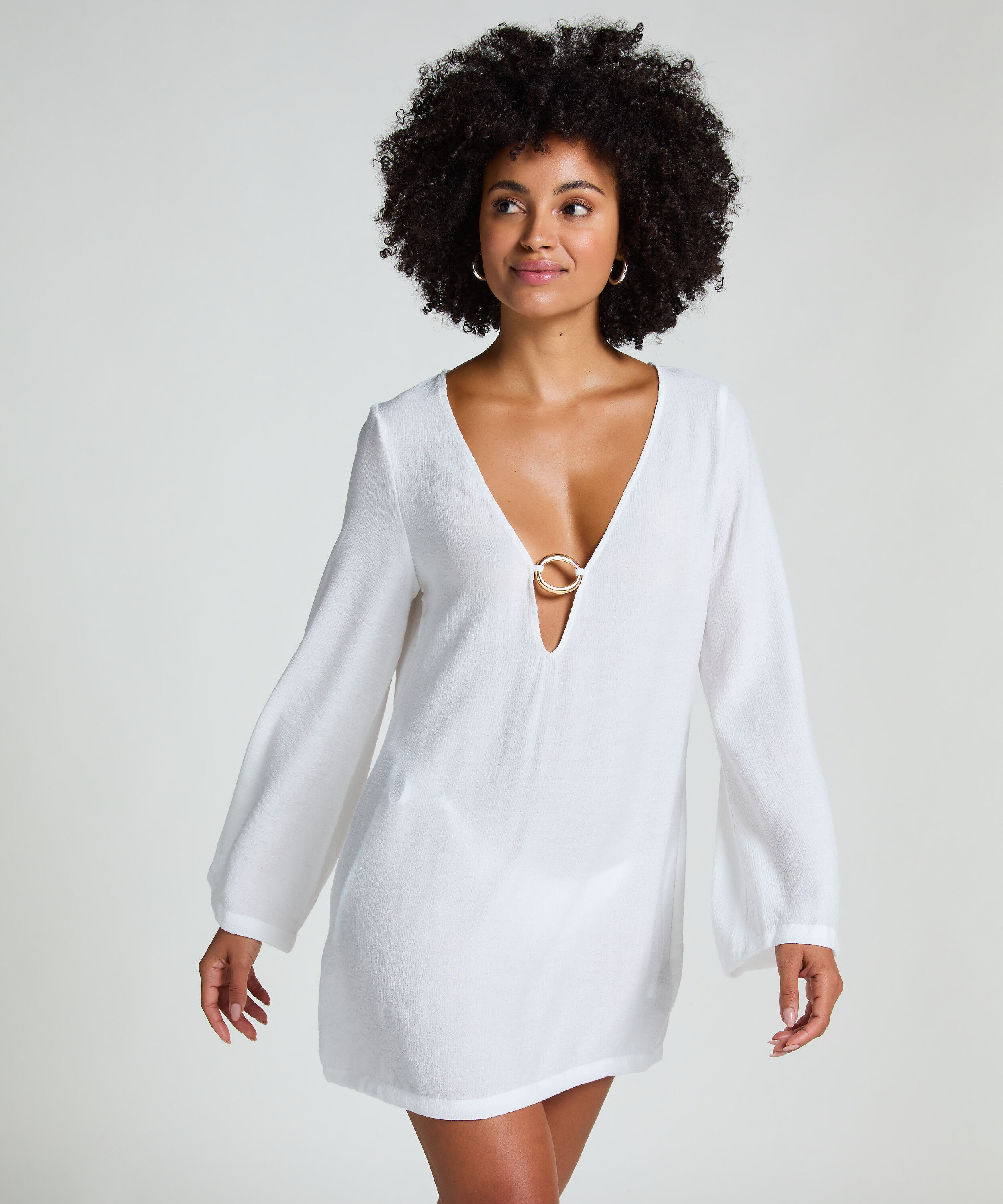 Vestido playero de manga larga con anillas, Blanco