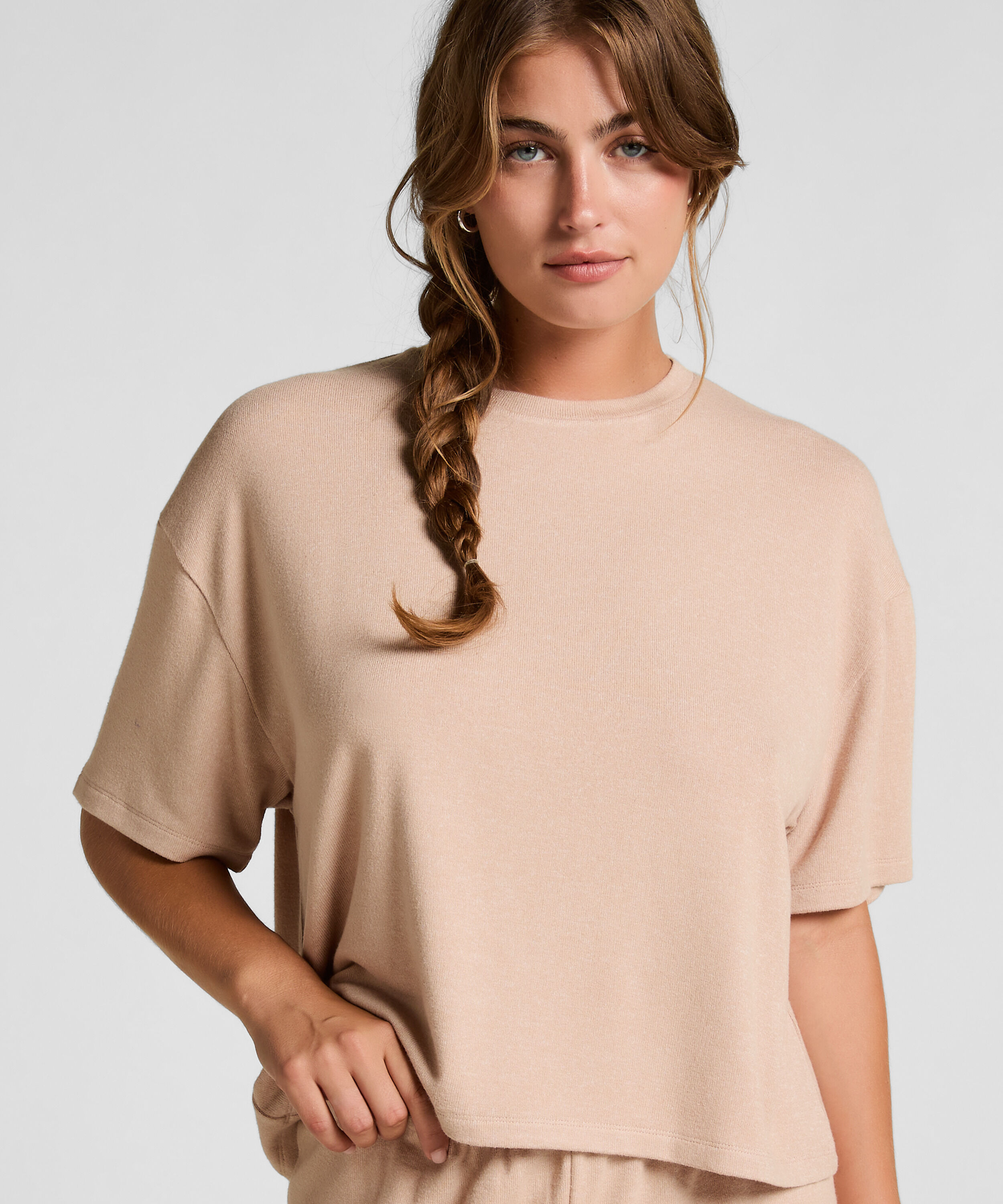 Top de pijama Jacket de punto cepillado, Beige