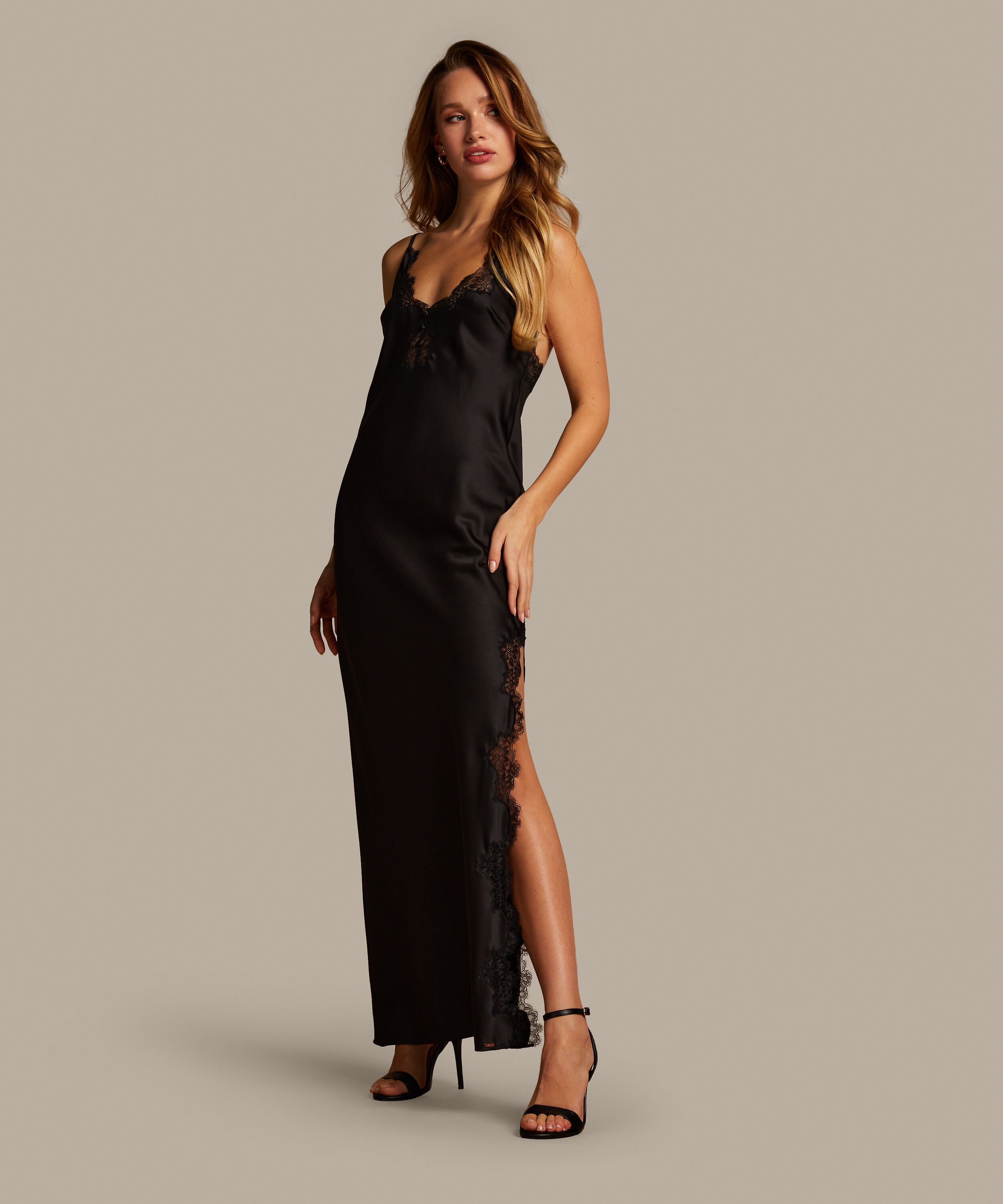 Vestido combinación de satén largo, Negro