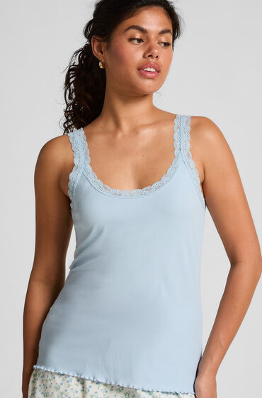Hunkemöller Camiseta de Tirantes de Punto Canalé con Encaje Azul