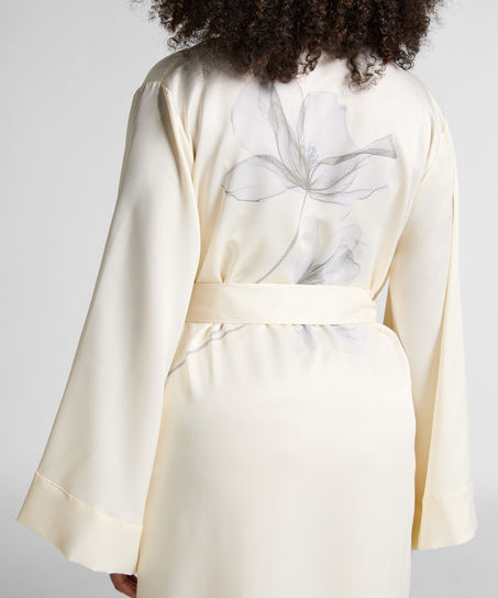 Kimono largo satinado floral, Blanco