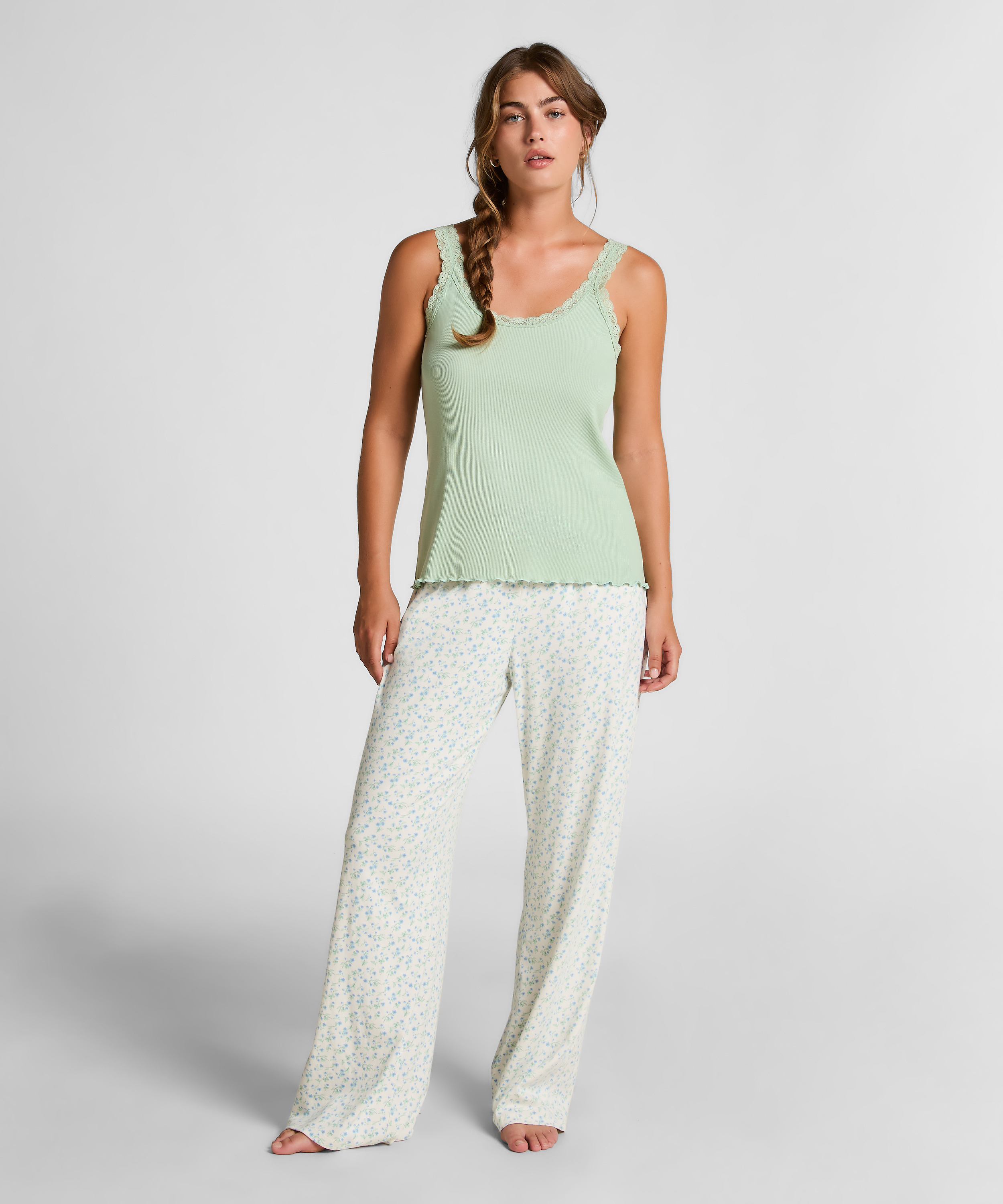 Camiseta de Tirantes de Punto Canalé con Encaje, Verde, main