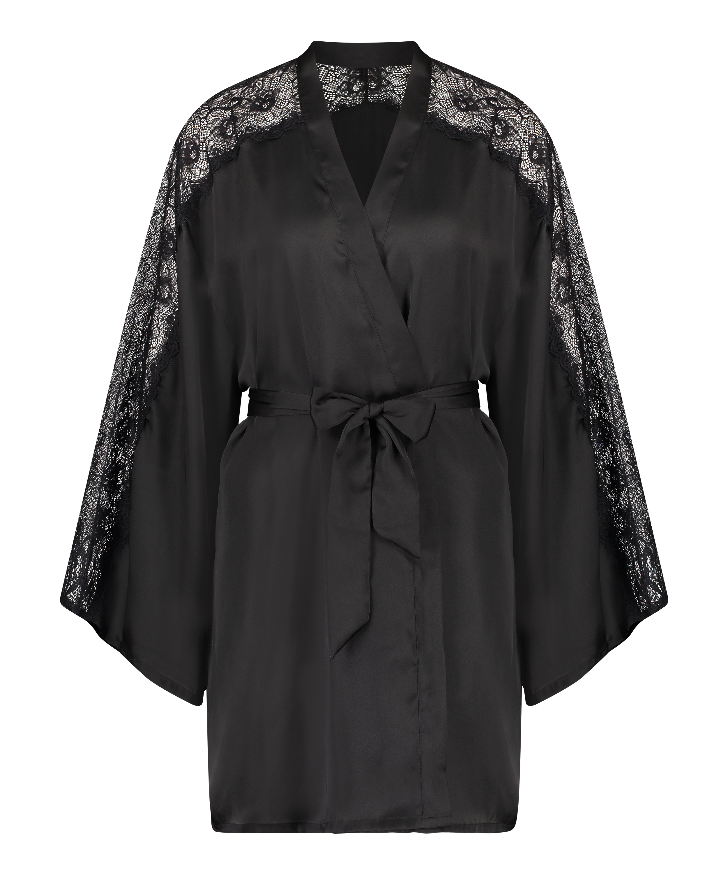 Kimono de satén y encaje, Negro, main