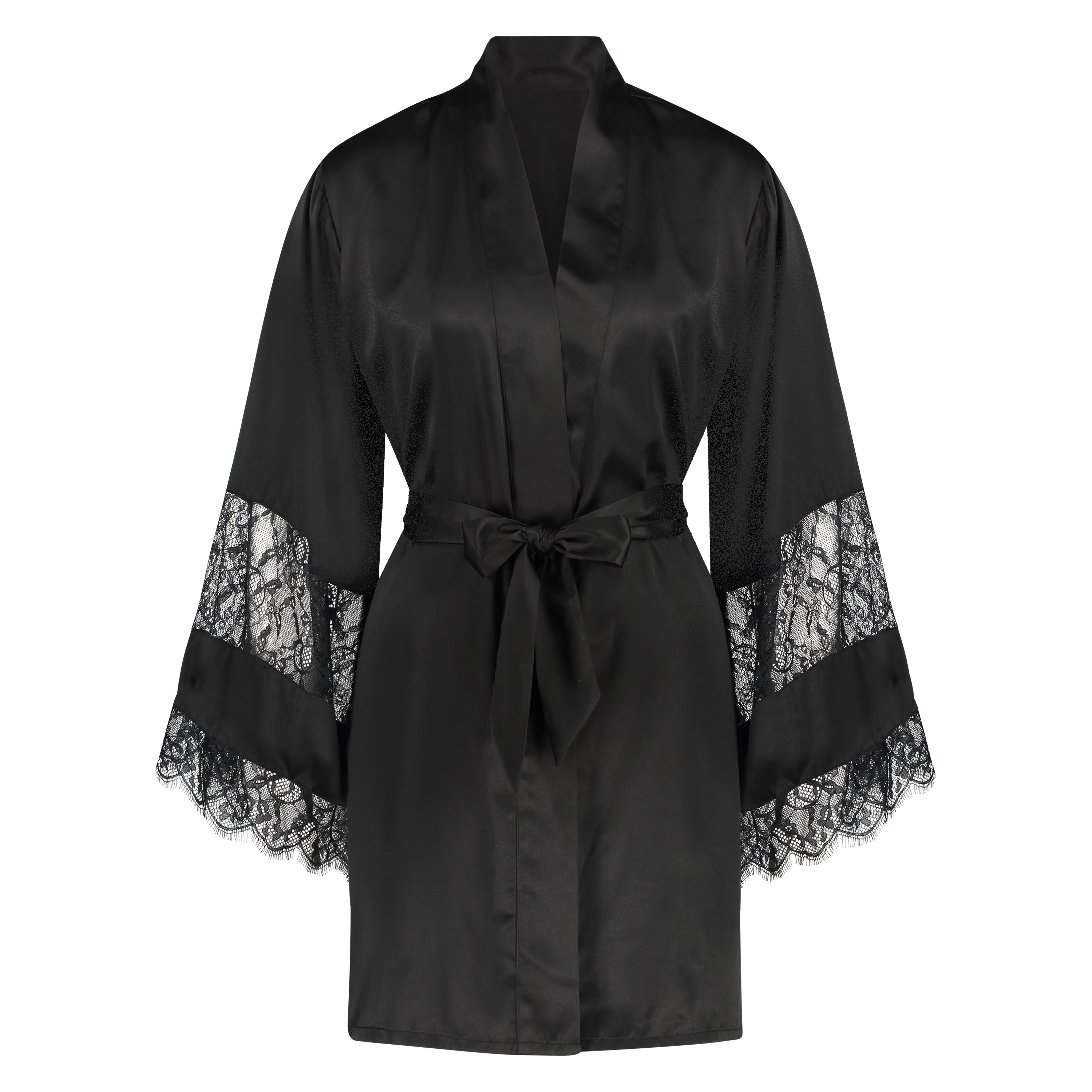Kimono de satén y encaje, Negro, main