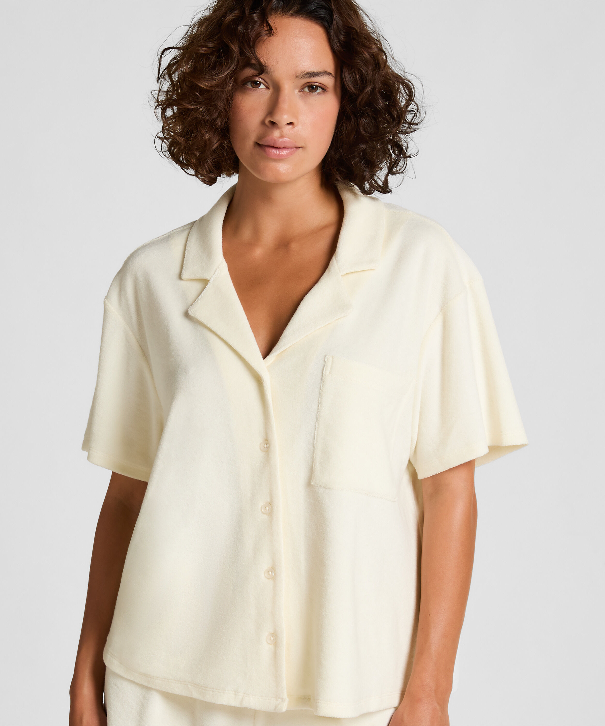 Camisa abotonada con textura de toalla, Blanco Camisa abotonada con textura de toalla, Blanco